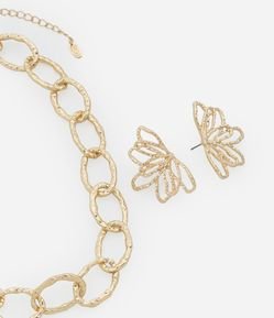 Conjunto de Colar e Brinco Floral em Metal com Detalhe Martelado