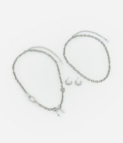 Conjunto de Colar e Brinco Metal com Shape de Corrente e Pingente Laço
