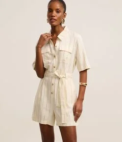 Macaquinho em Viscolinho com Bolsos e Amarração na Cintura