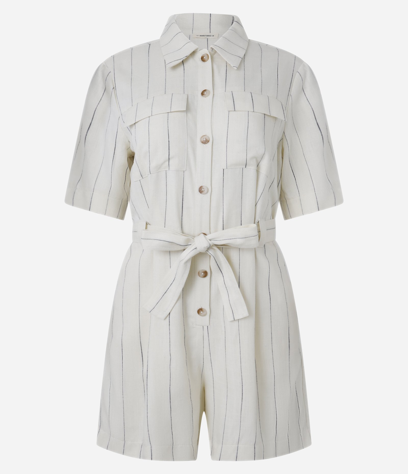 Macaquinho em Viscolinho com Bolsos e Amarração na Cintura Off White 5