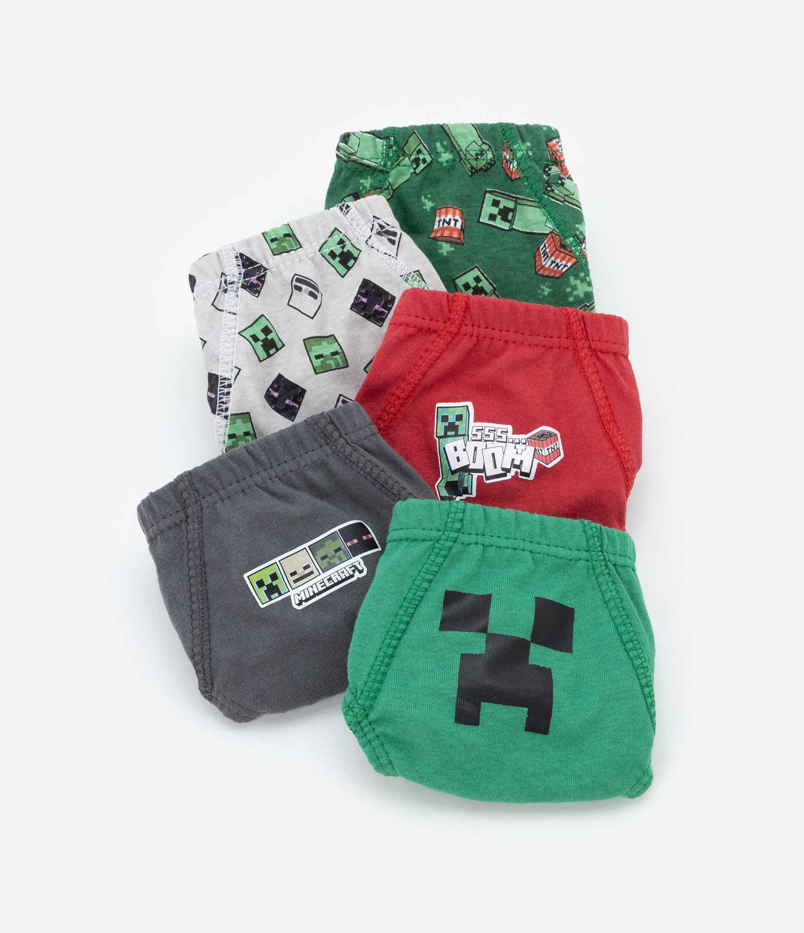 Kit 05 Cuecas Slip Infantil com Estampa Minecraft - Tam 4 a 14 Anos Verde/Cinza/Vermelho 3