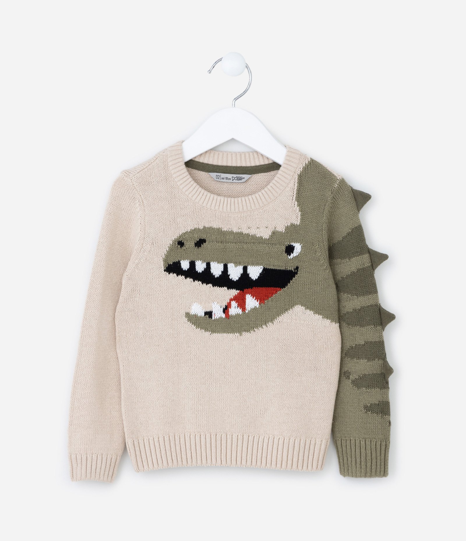Suéter Infantil com Estampa Interativa de Dino - Tam 1 a 5 Anos Bege/Verde 1