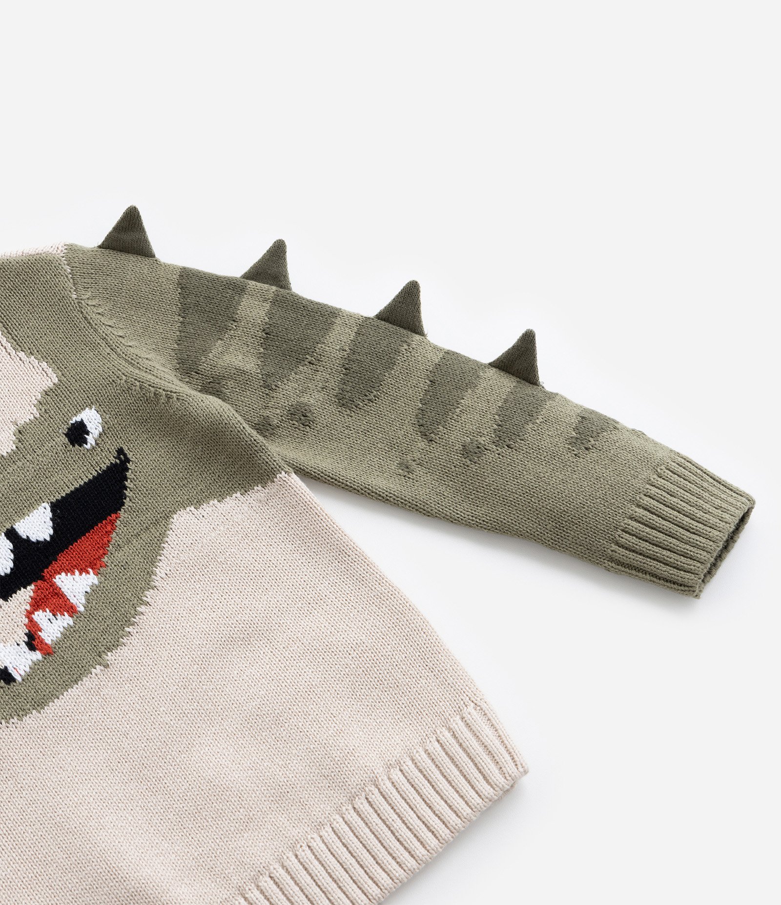 Suéter Infantil com Estampa Interativa de Dino - Tam 1 a 5 Anos Bege/Verde 5