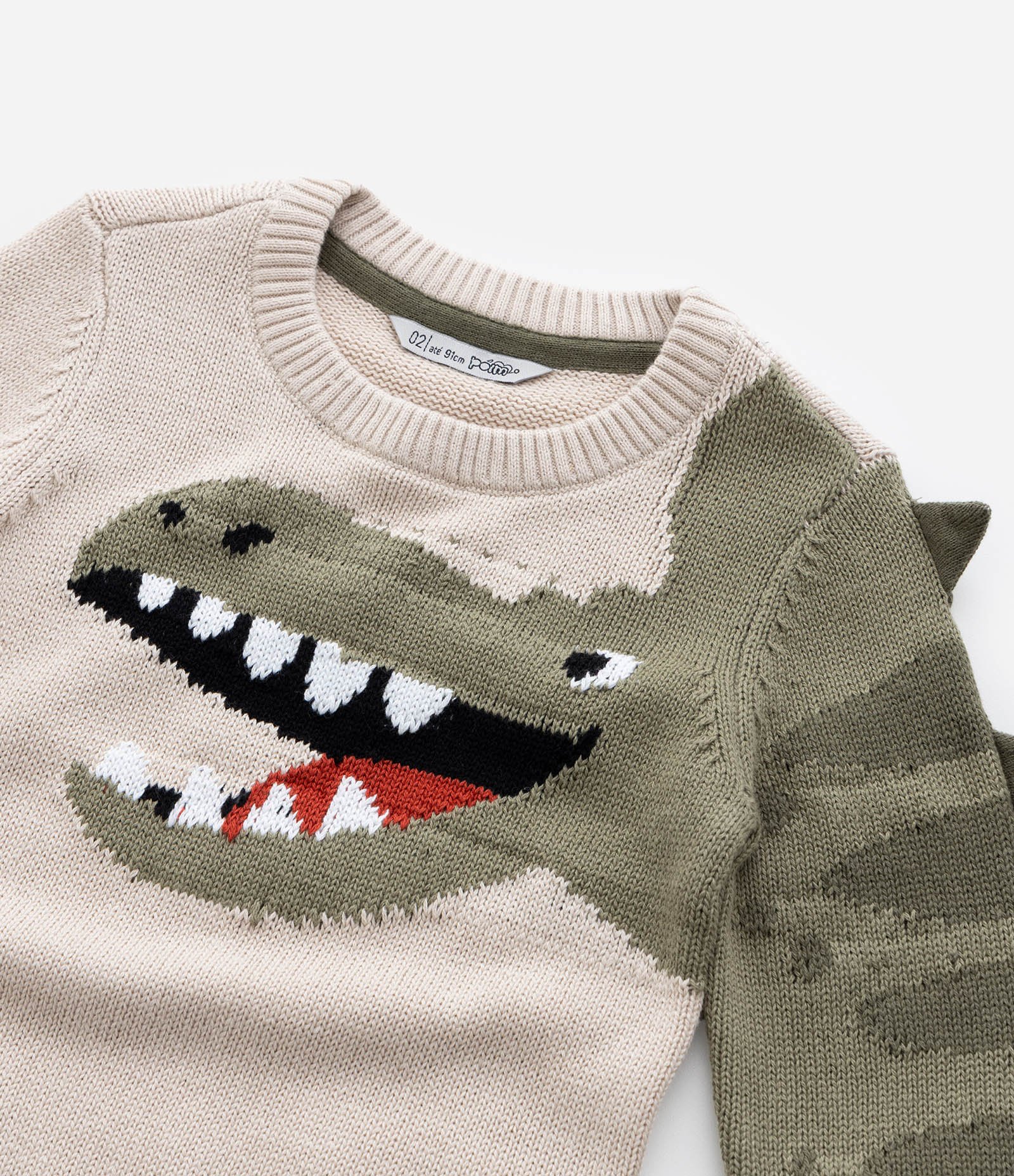 Suéter Infantil com Estampa Interativa de Dino - Tam 1 a 5 Anos Bege/Verde 6