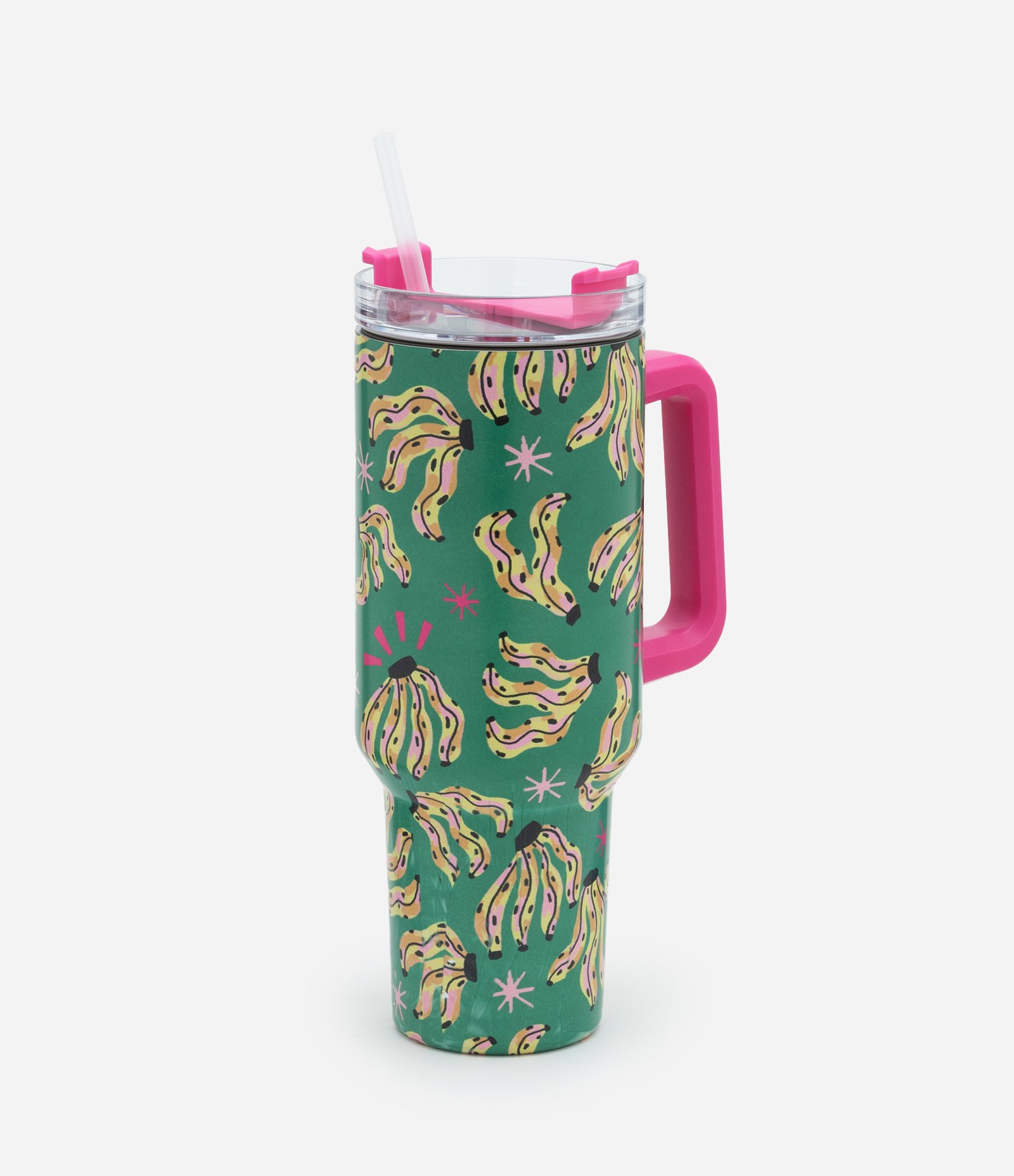 Copo Metal com Canudo Reutilizável e Estampa de Bananas Verde/Amarelo/Rosa 1