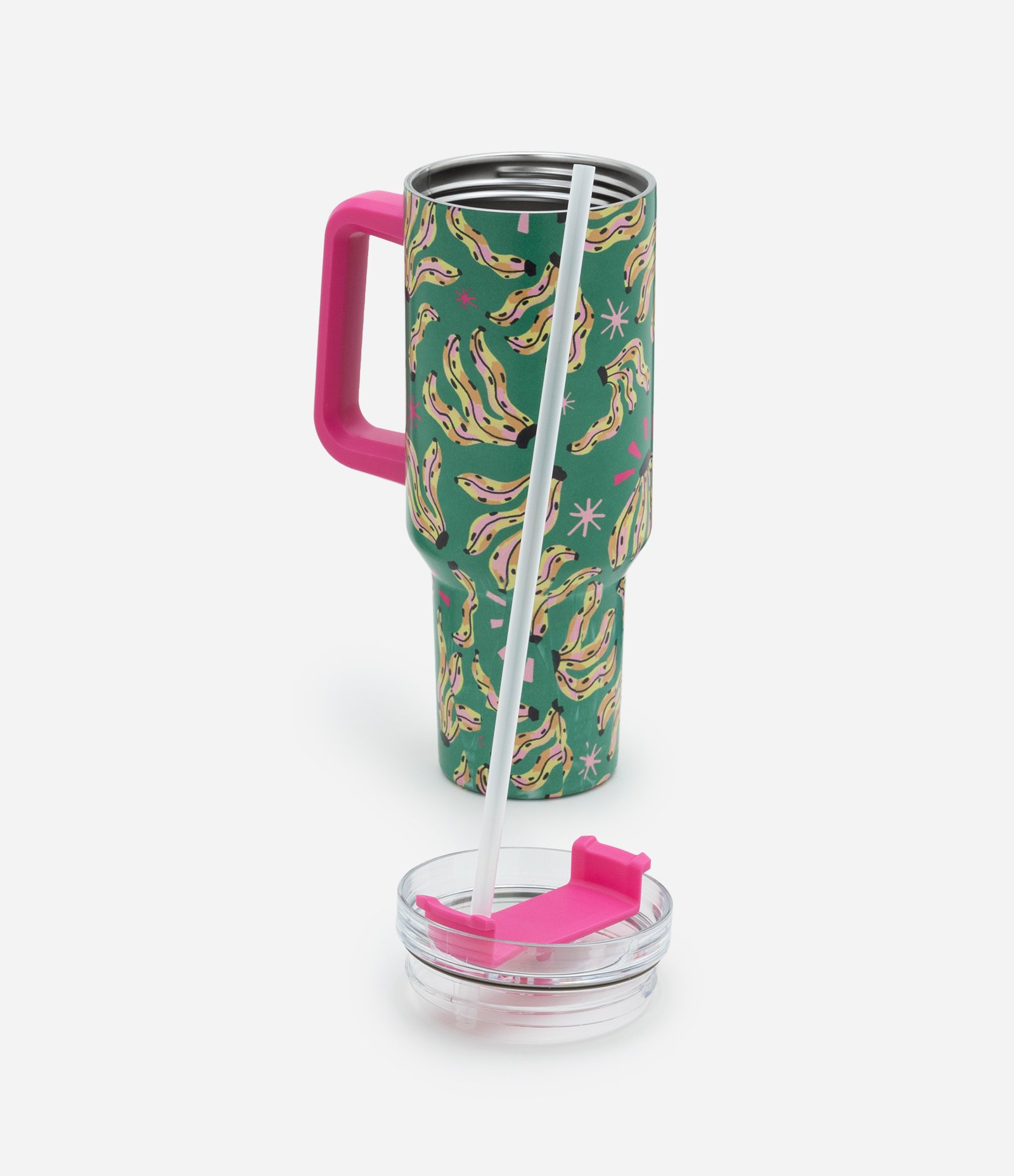Copo Metal com Canudo Reutilizável e Estampa de Bananas Verde/Amarelo/Rosa 4