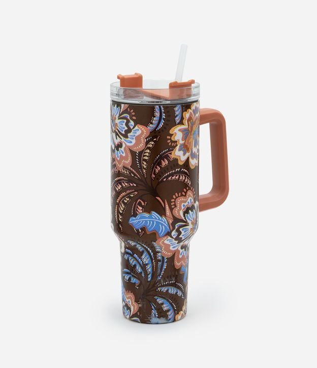 Copo de Metal com Canudo e Estampa de Folhagem