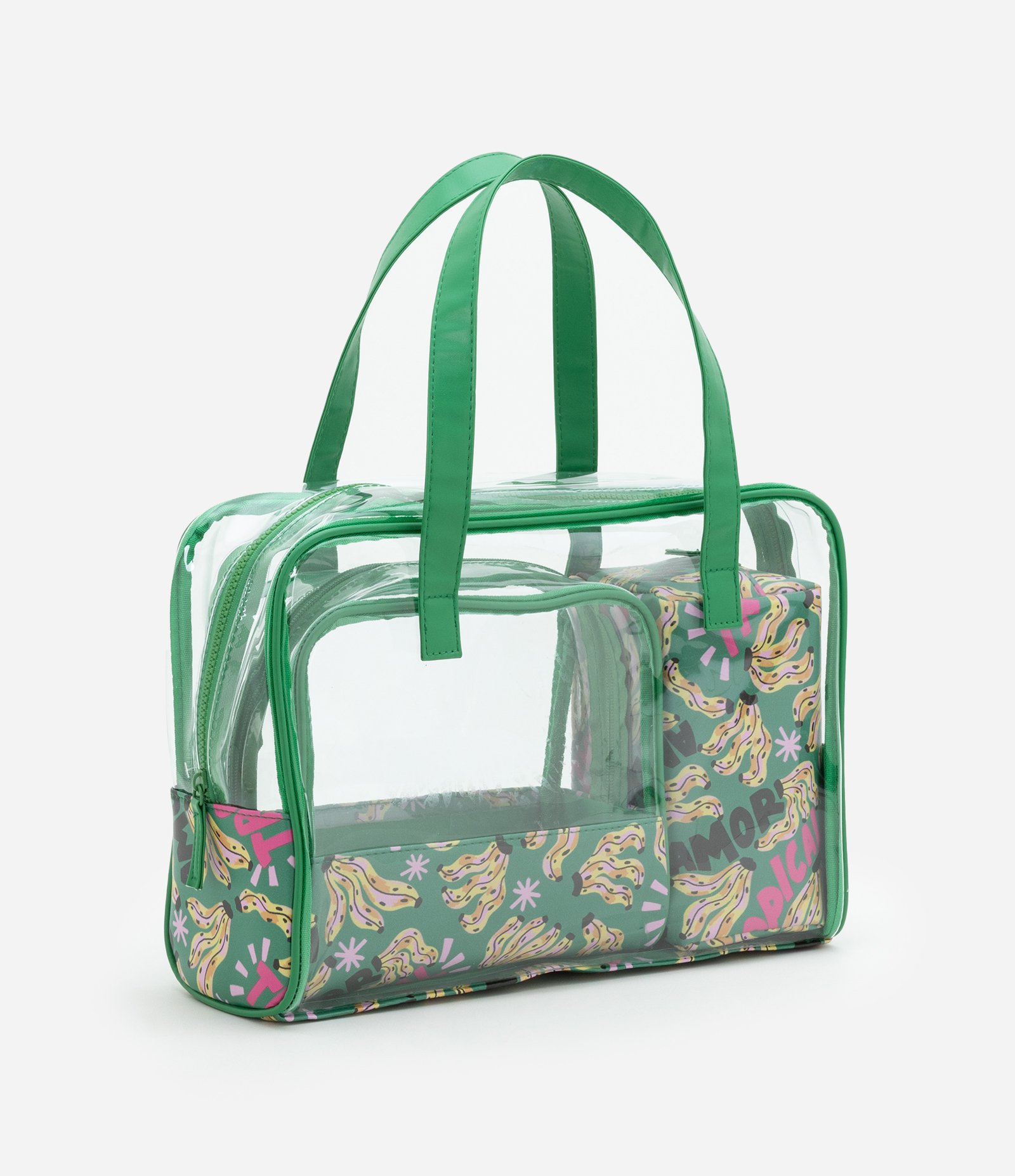 Kit 03 Nécessaires com Estampa Bananas Tropicais e Transparência Verde 1