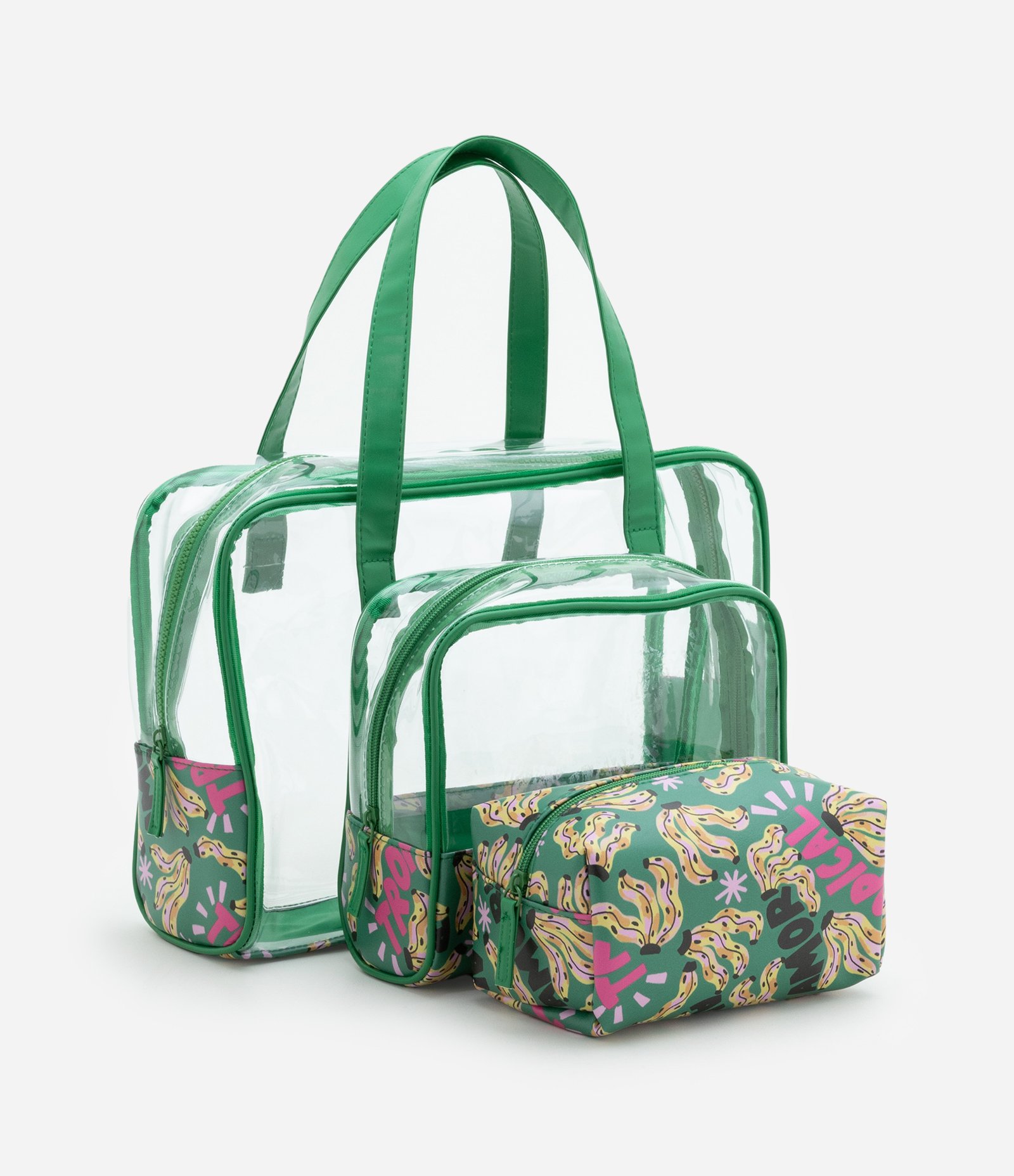Kit 03 Nécessaires com Estampa Bananas Tropicais e Transparência Verde 4