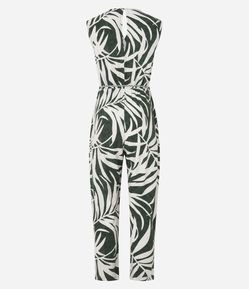 Macacão Longo em Viscose Estampada de Folhagens e Decote Transpassado