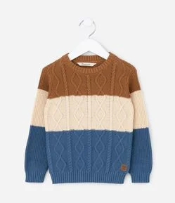 Suéter Infantil com Textura Trançada e Blocos de Cor - Tam 1 a 5 Anos