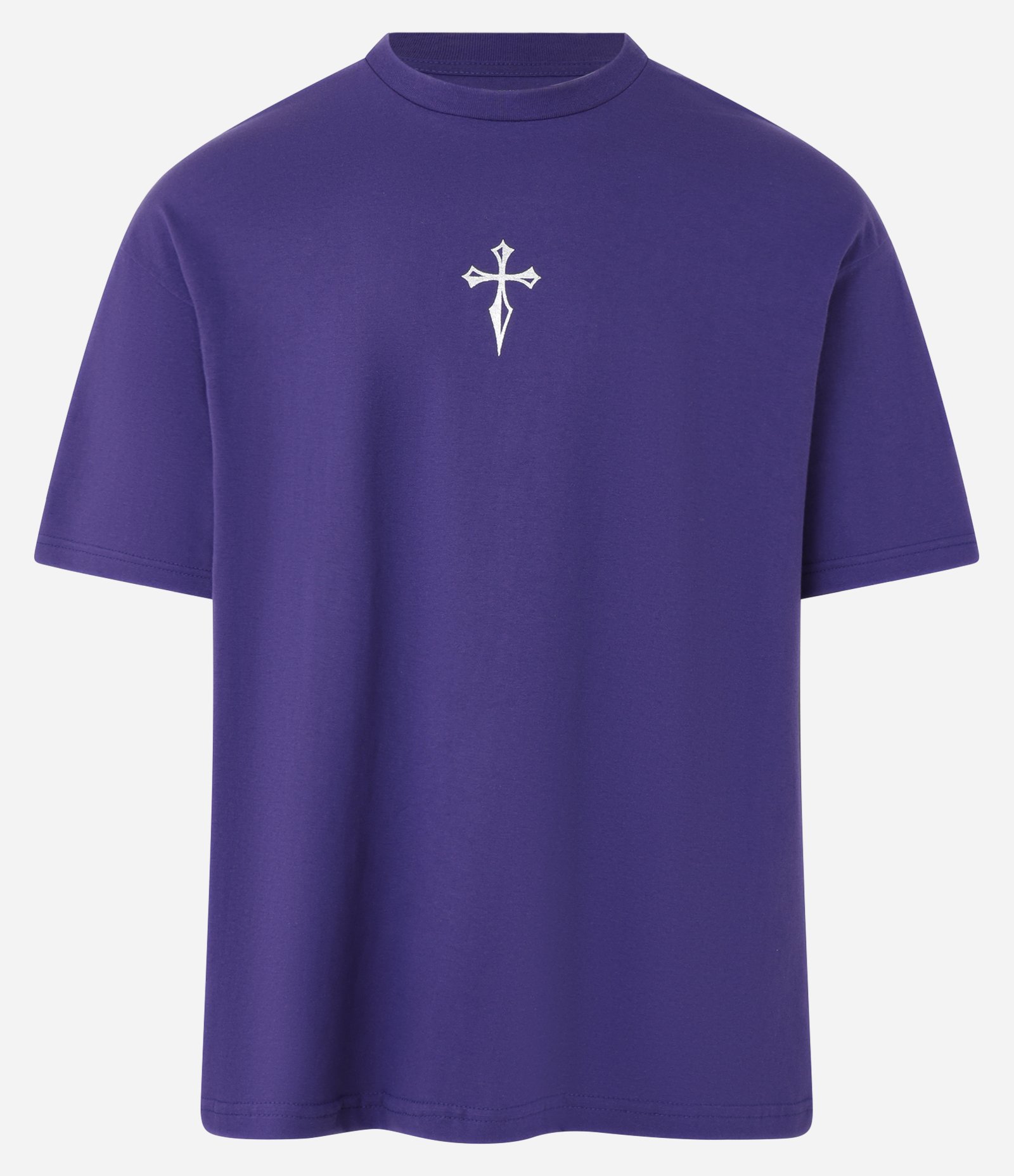 Camiseta Relaxed em Meia Malha com Estampa Cruz em Foil Roxo Médio 1