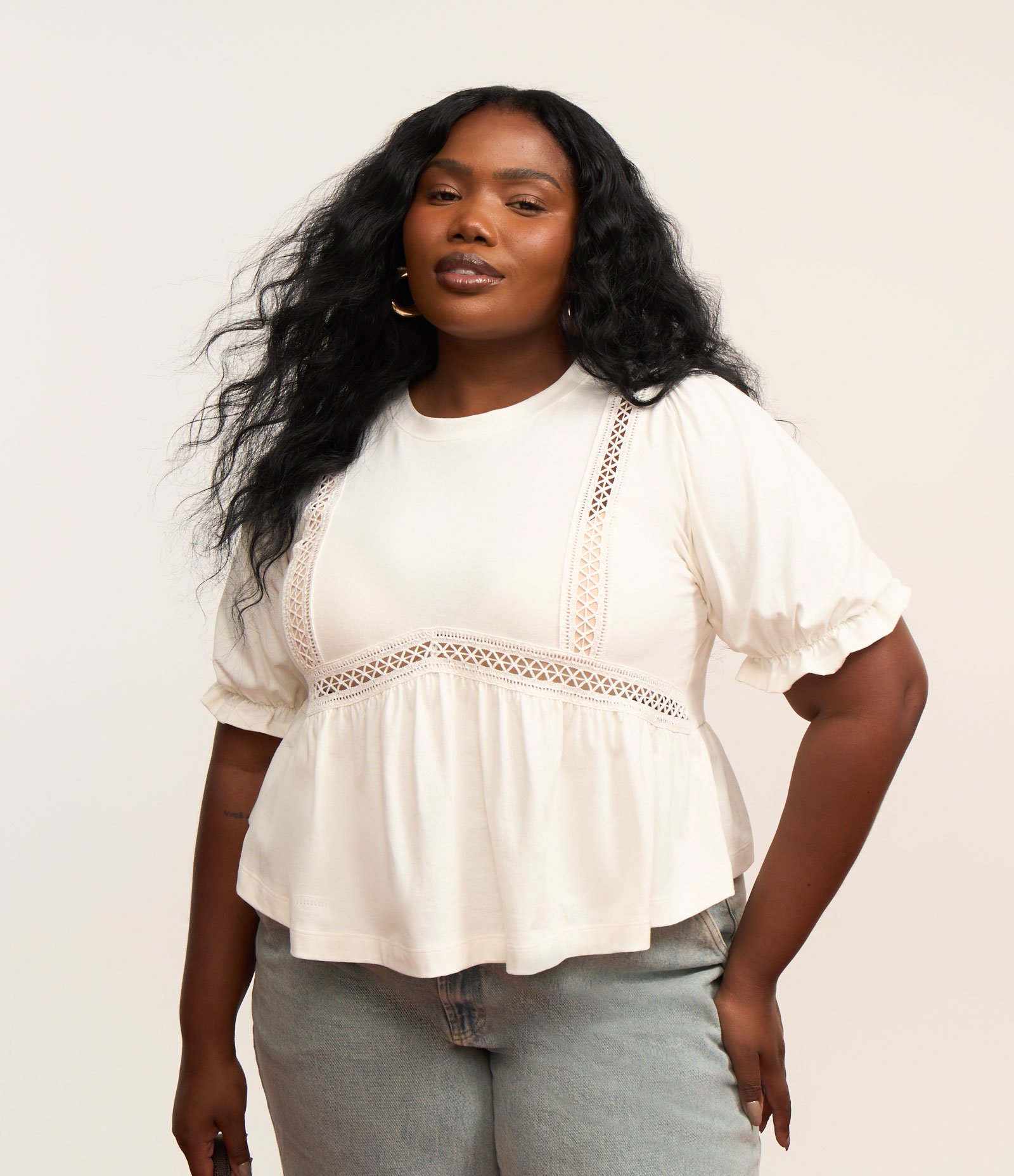 Blusa Boho com Entremeios e Manga Bufante Curve & Plus Size Off White 1