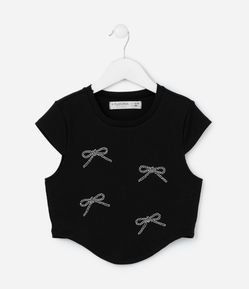 Blusa Curta Infantil com Estampa de Laços em Strass - Tam 5 a 14 Anos