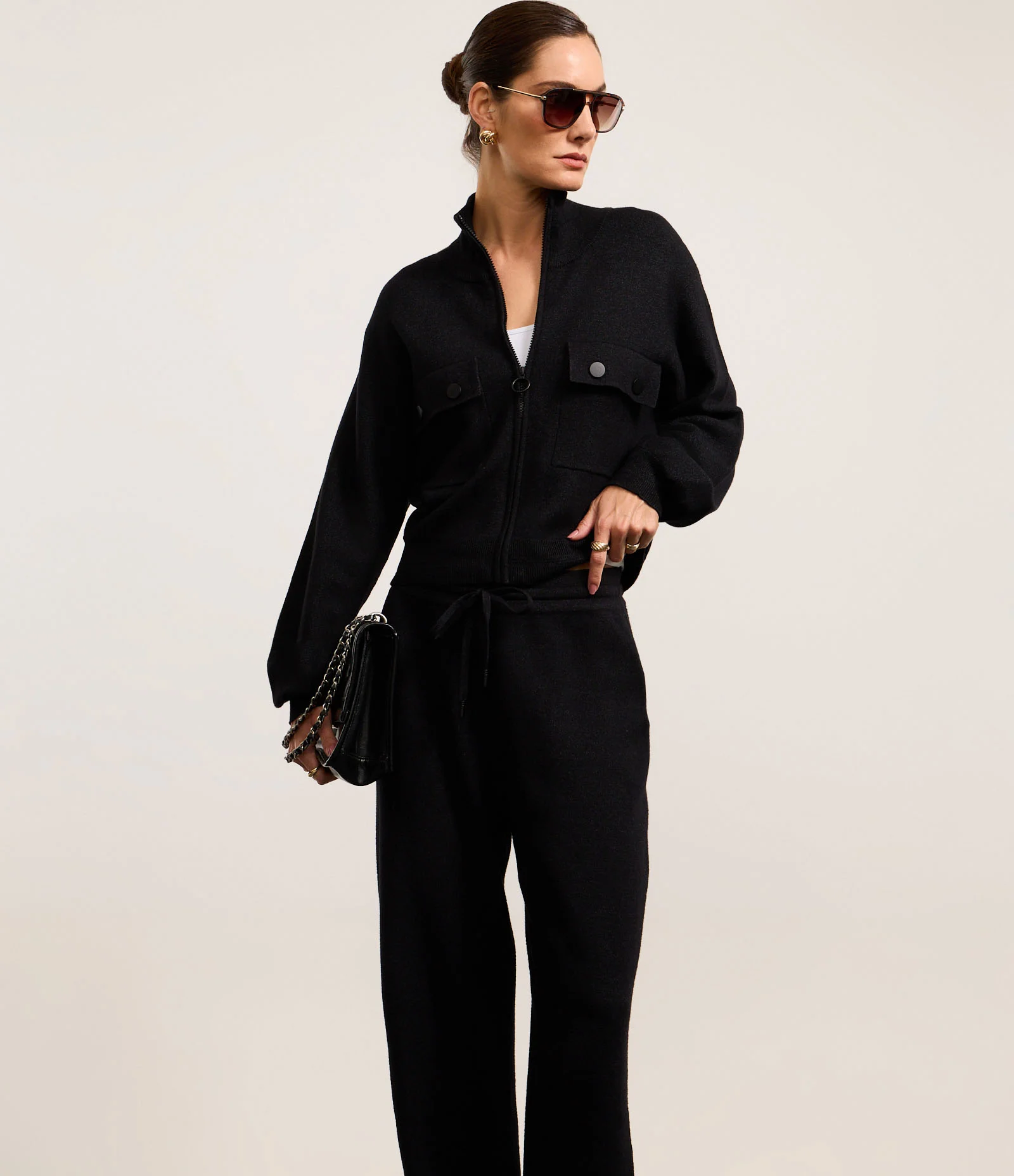 Calça Cintura Alta em Tricô Mescla com ELástico no Cós Preto 2