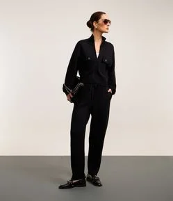 Calça Cintura Alta em Tricô Mescla com ELástico no Cós