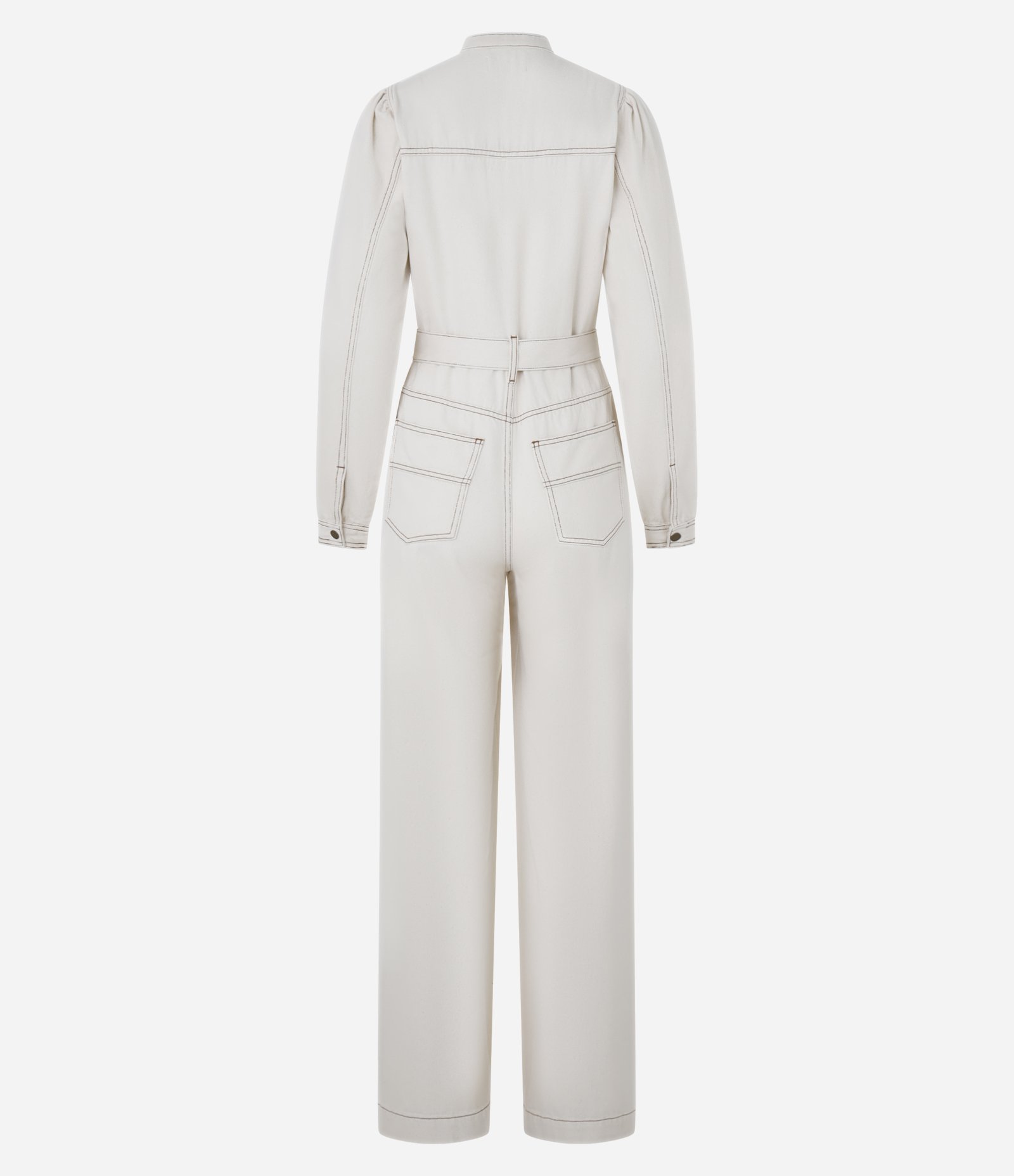 Macacão em Sarja com Cinto com Fivela e Manga Bufante Off White 7