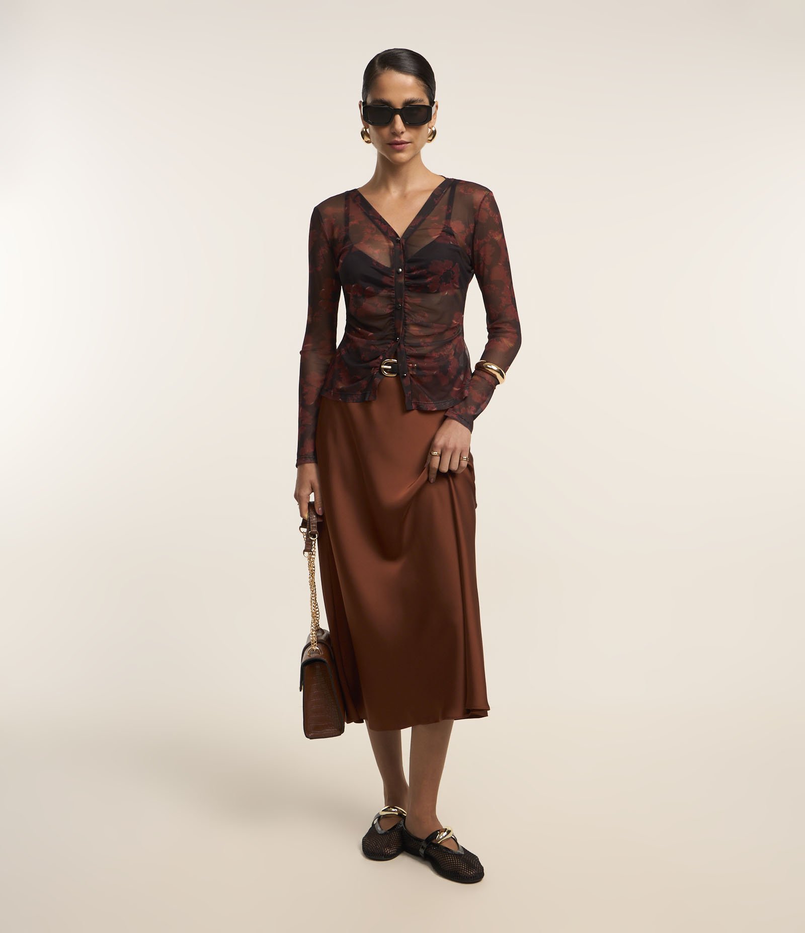 Saia Midi Evasê Slip Acetinada Marrom 1