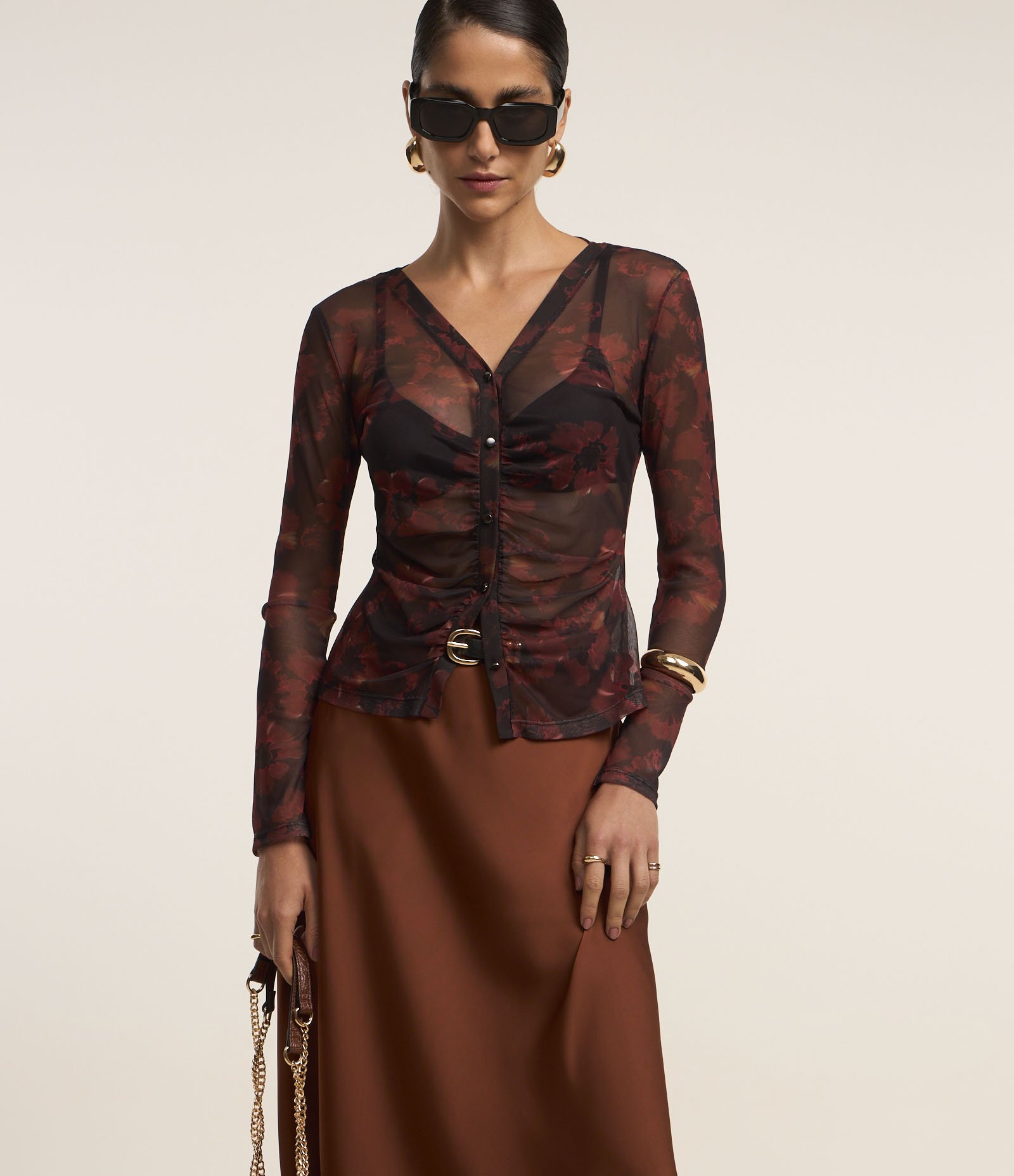 Saia Midi Evasê Slip Acetinada Marrom 2