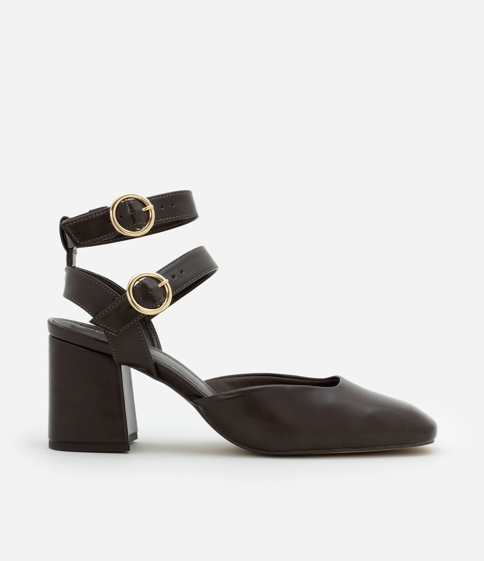 Sapato Boneca em PU com Salto Alto e Tira larga com Fivela Marrom Escuro 1