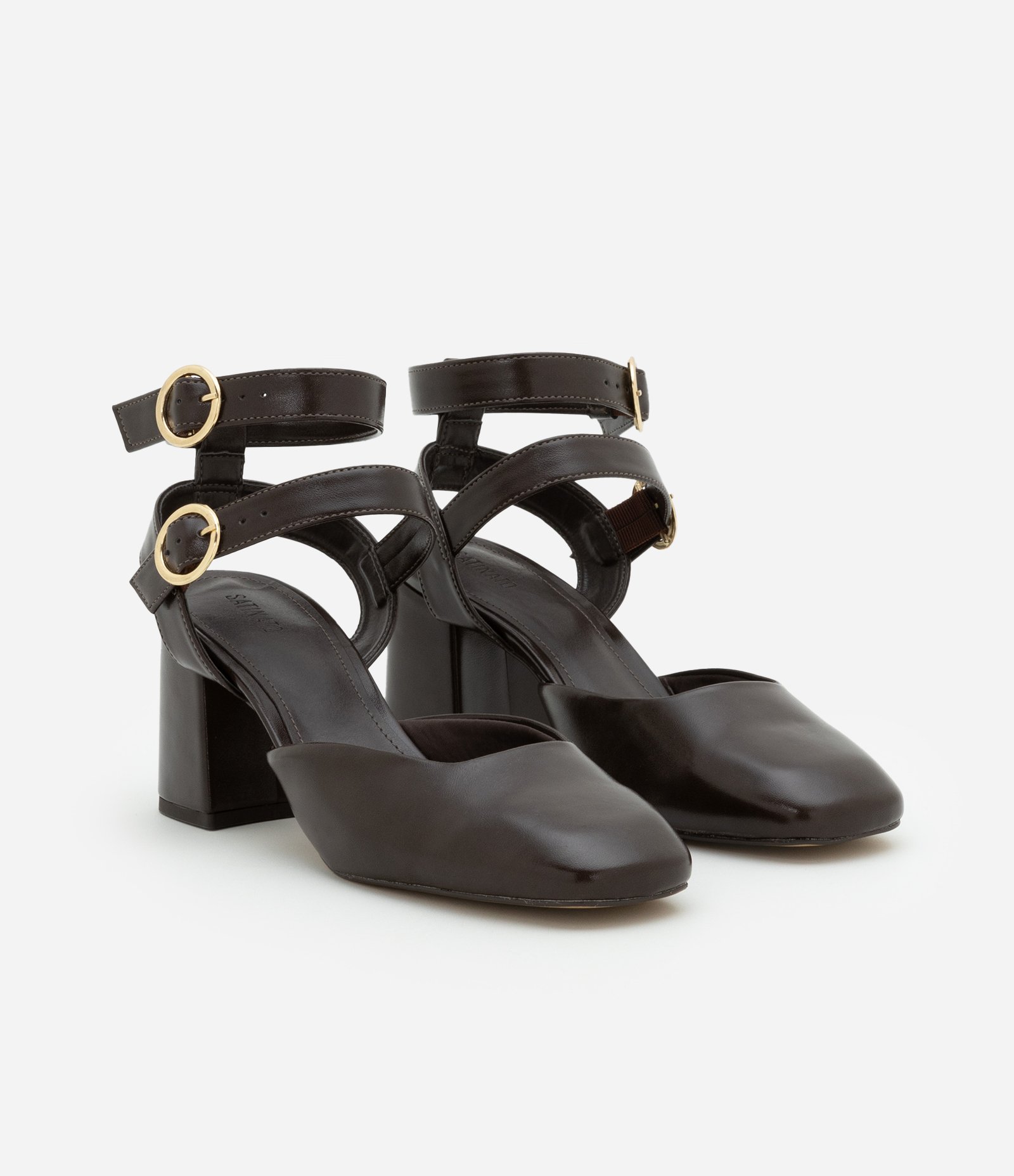 Sapato Boneca em PU com Salto Alto e Tira larga com Fivela Marrom Escuro 2