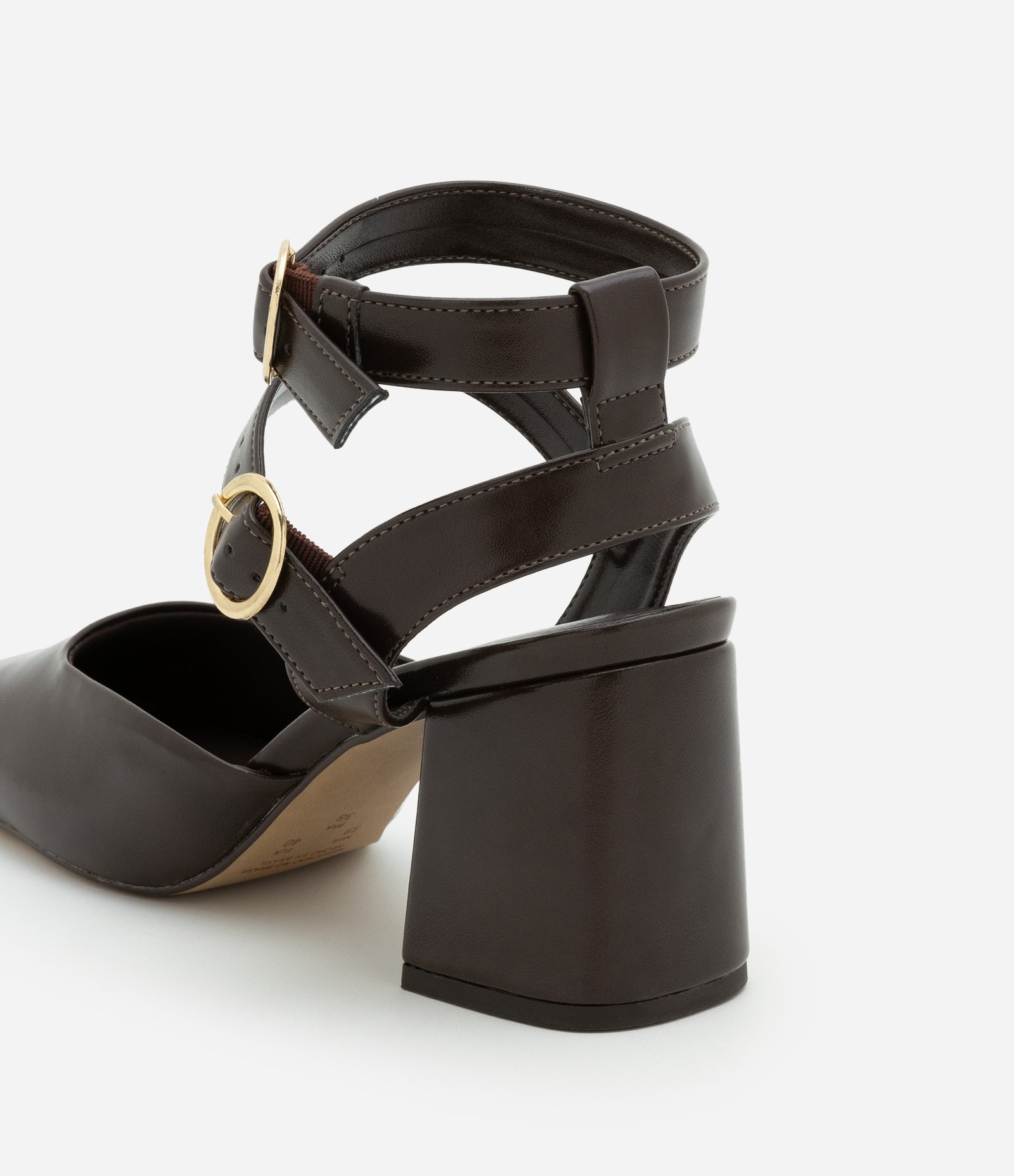 Sapato Boneca em PU com Salto Alto e Tira larga com Fivela Marrom Escuro 3