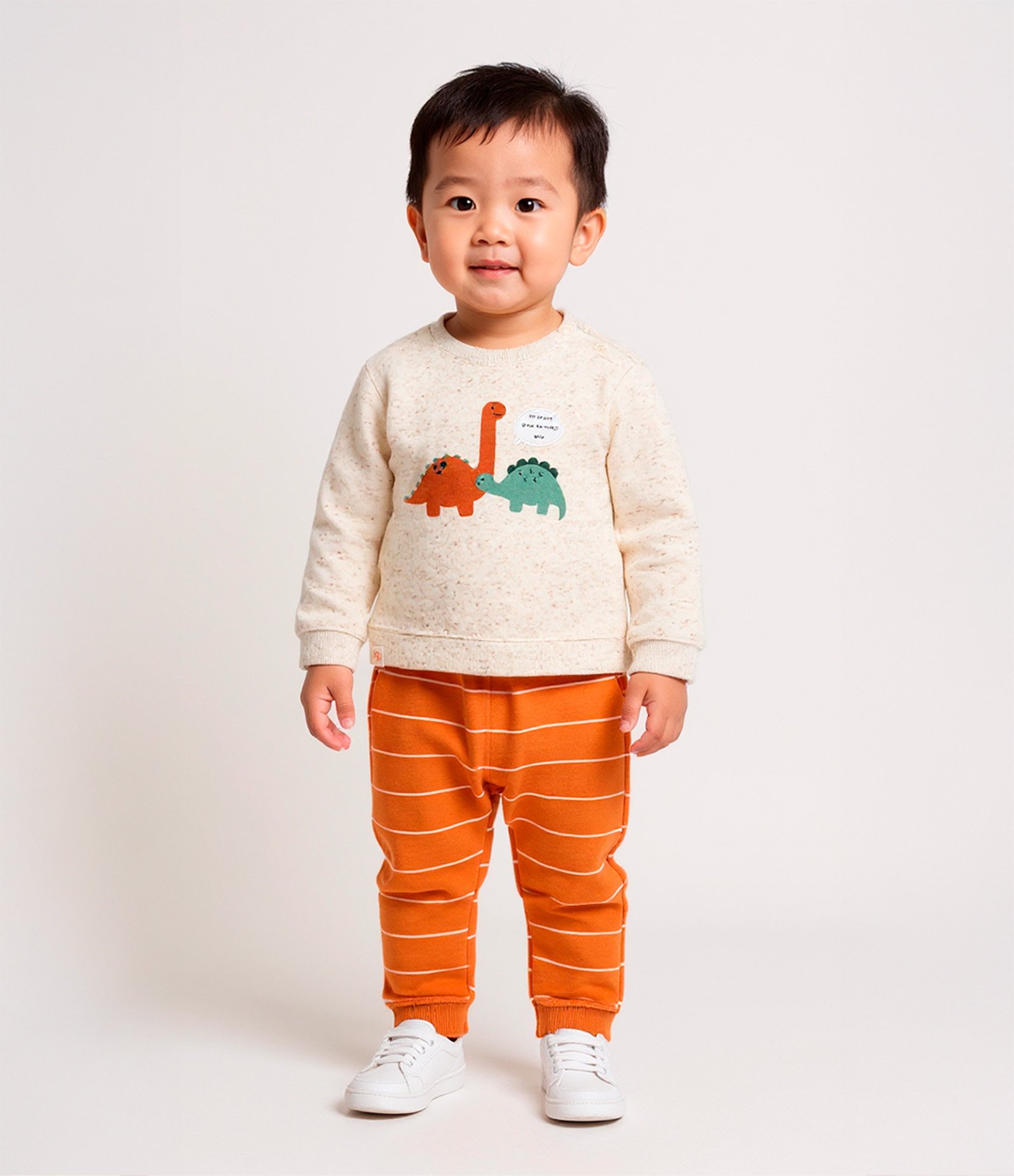 Conjunto Infantil com Estampa Dinos e Listras - Tam 0 a 18 meses Bege/Laranja 1