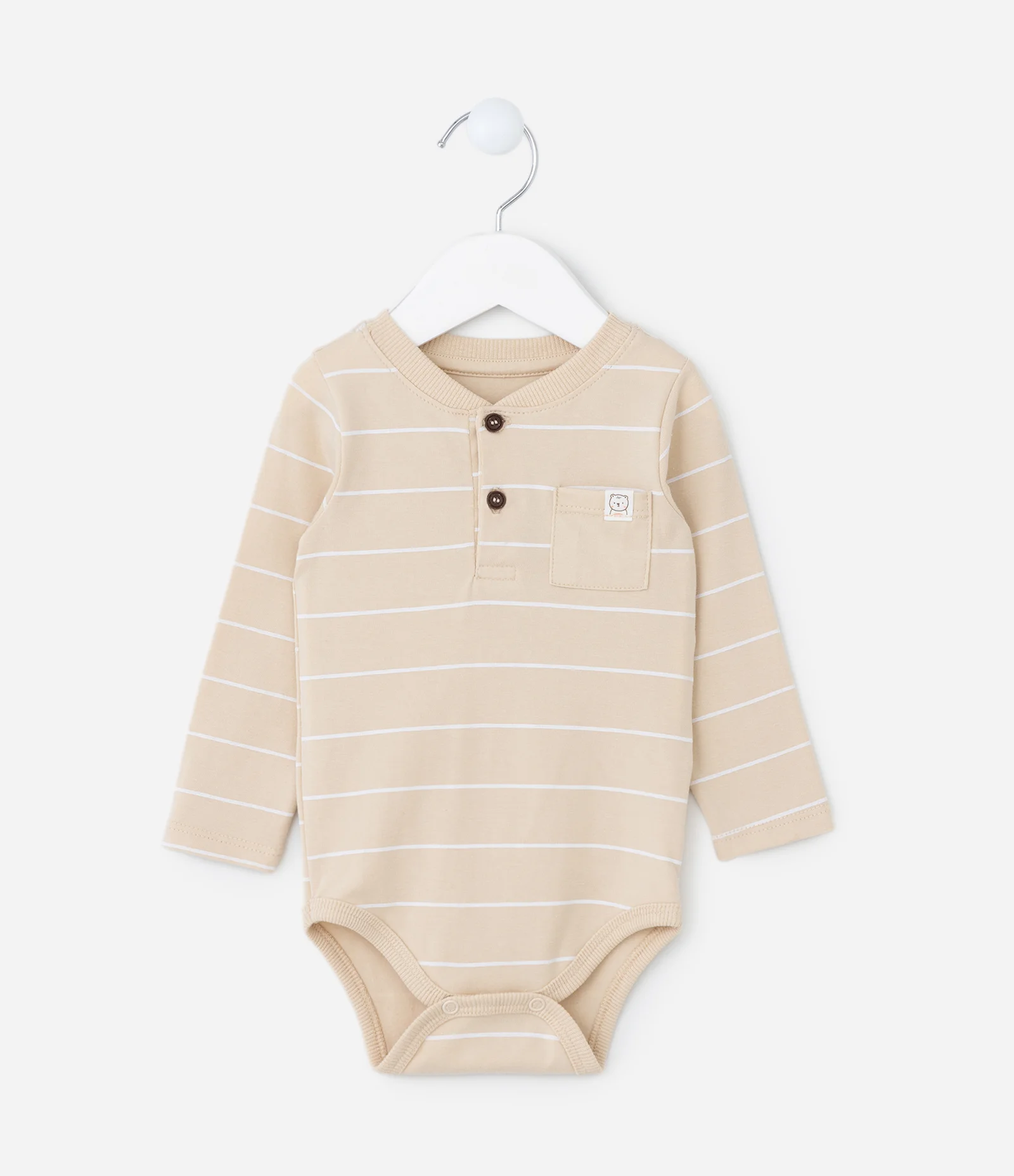 Body Infantil com Estampa de Listras e Bolsinho - Tam 0 a 18 meses Bege 1