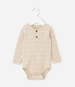 Body Infantil com Estampa de Listras e Bolsinho - Tam 0 a 18 meses