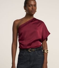 Blusa Acetinada com Ombro Único e Drapeado Lateral