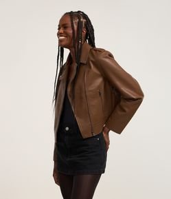 Jaqueta Biker Regular em PU com Zíper e Bolsos