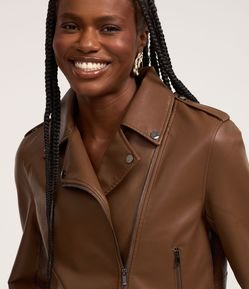 Jaqueta Biker Regular em PU com Zíper e Bolsos