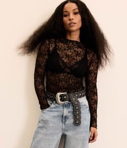 Blusa Transparente em Renda Floral com Golinha Alta