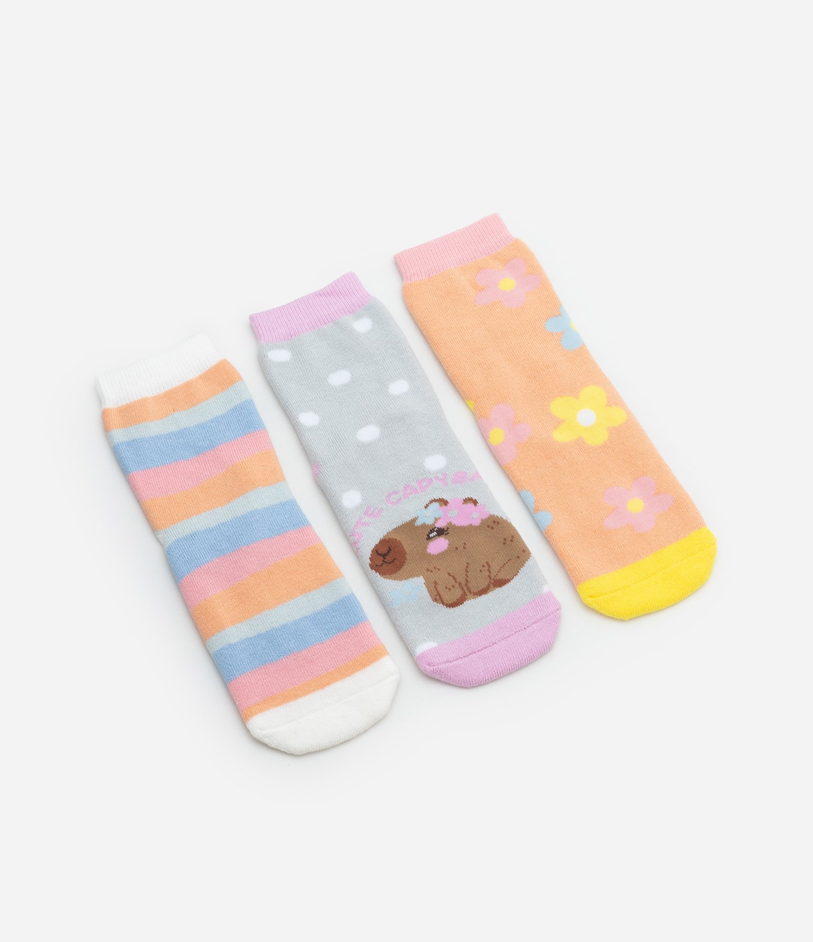 Kit 03 Meias Infantis Atoalhadas com Estampa Capivara - Tam 19 a 34 Multicores 1
