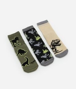Kit 03 Meias Infantis Atoalhadas com Estampa Dinos - Tam 19 a 34