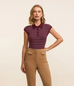 Body em Ribana com Gola Polo e Estampa Listrada
