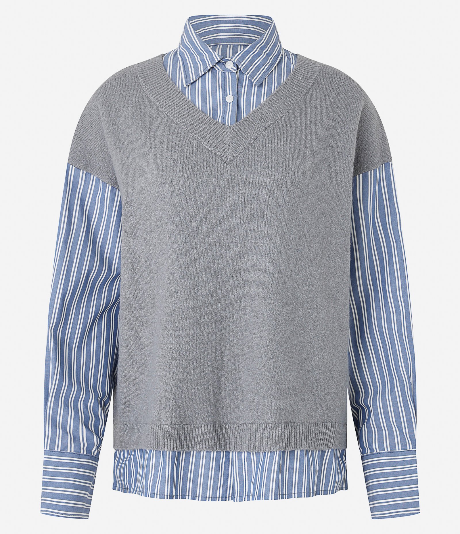 Camisa Over com Colete em Tricô com Listras e Botões Cinza 1