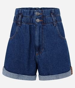 Short Baggy Jeans com Elástico na Cintura e Barra Dobrada