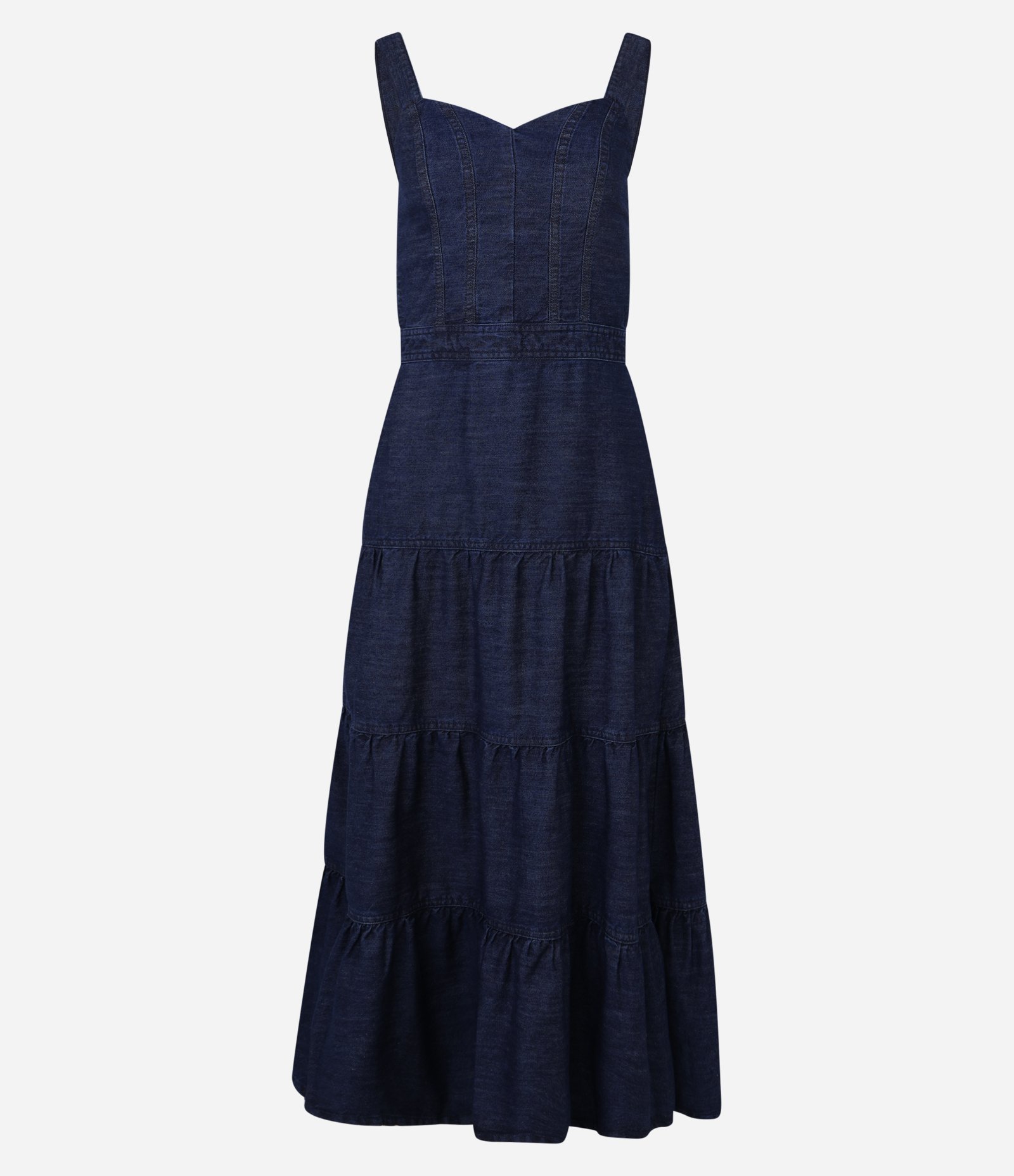 Vestido Long Midi em Jeans com Decote Coração e Babados Azul Escuro 4