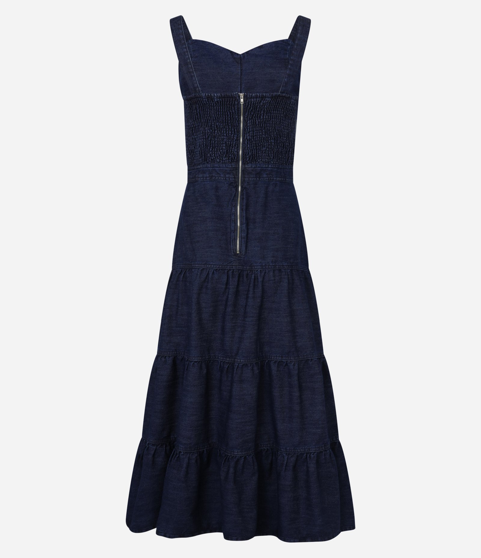 Vestido Long Midi em Jeans com Decote Coração e Babados Azul Escuro 5