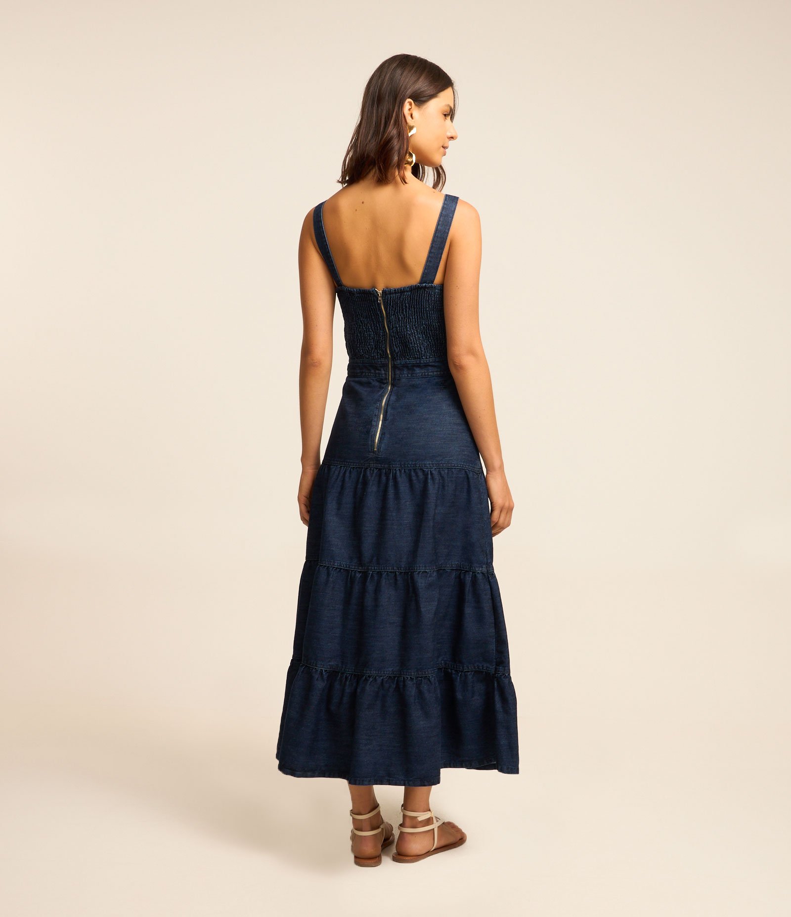 Vestido Long Midi em Jeans com Decote Coração e Babados Azul Escuro 3