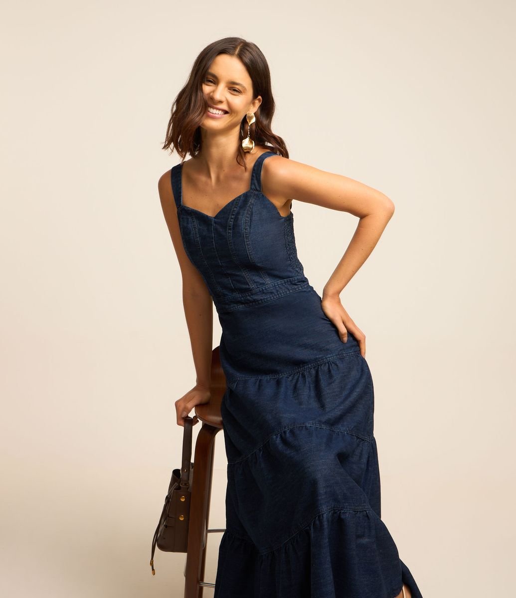Vestido Reto Jeans Renner Vestido Midi Em Jeans Com Alças Médias E