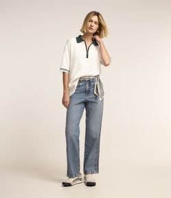 Calça Reta Cintura Alta em Jeans com Listras Laterais