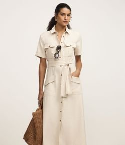 Vestido Midi Manga Curta em Sarja com Amarração e Bolsos