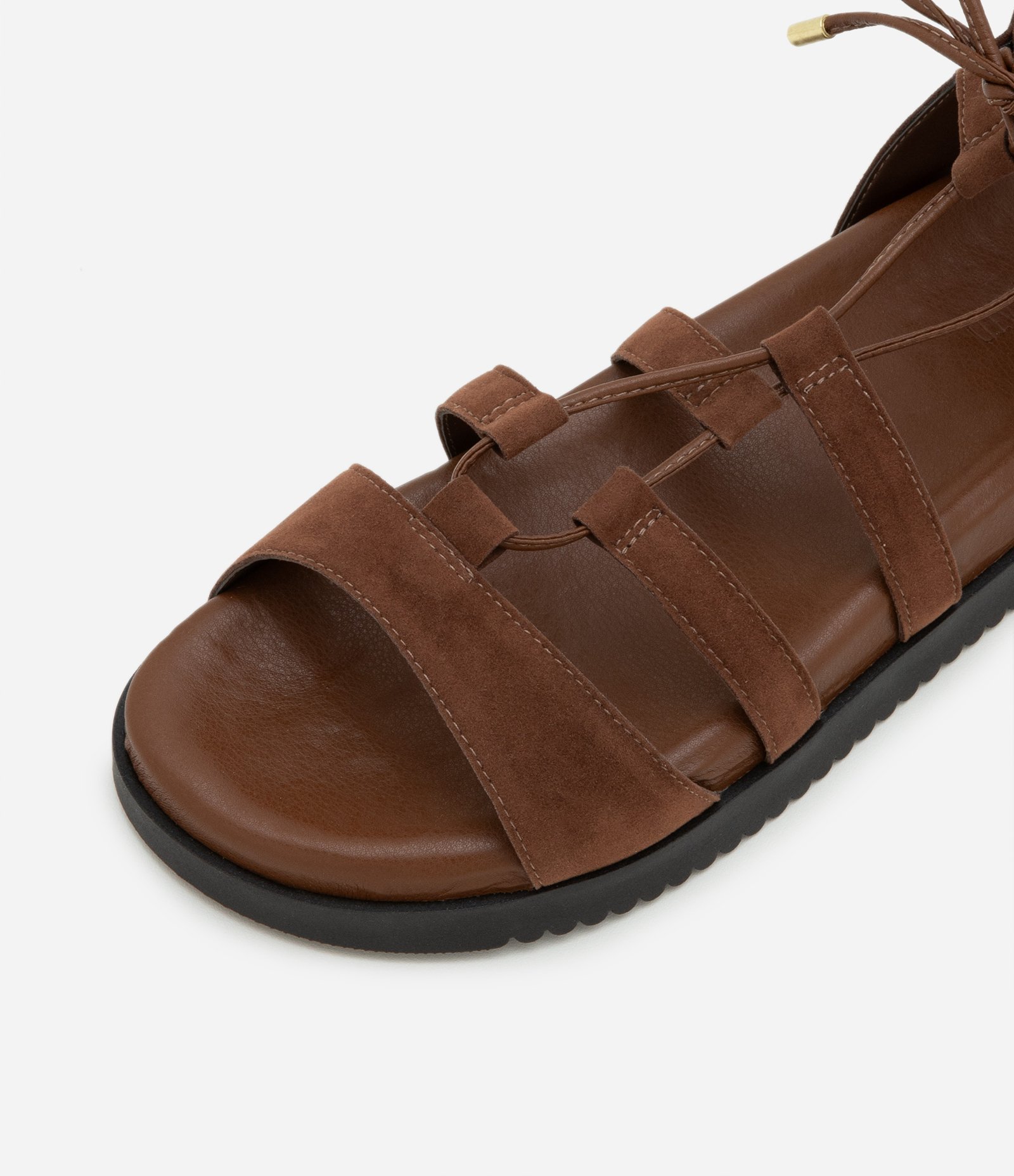 Sandália Rasteira em PU com Camurça e Amarração Marrom 4