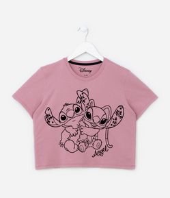 Camiseta Curta Infantil com Estampa Stitch e Angel - Tam 5 a 14 Anos