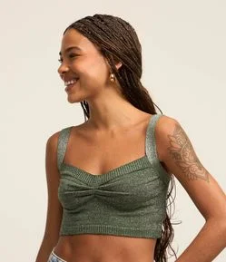 Blusa Cropped em Tricô com Fio Metalizado e Franzido no Busto