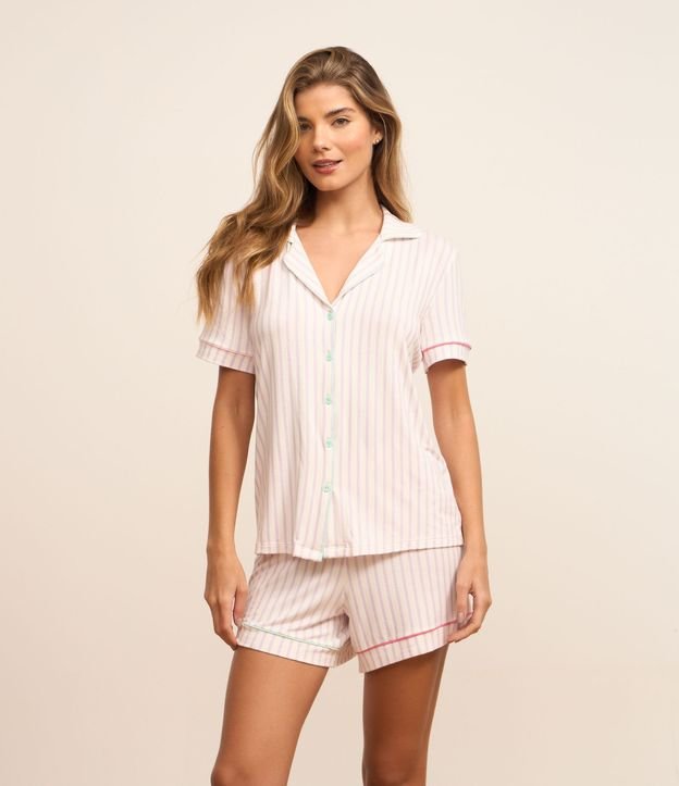Pijama Short Doll em Viscose Listrada com Detalhes Coloridos