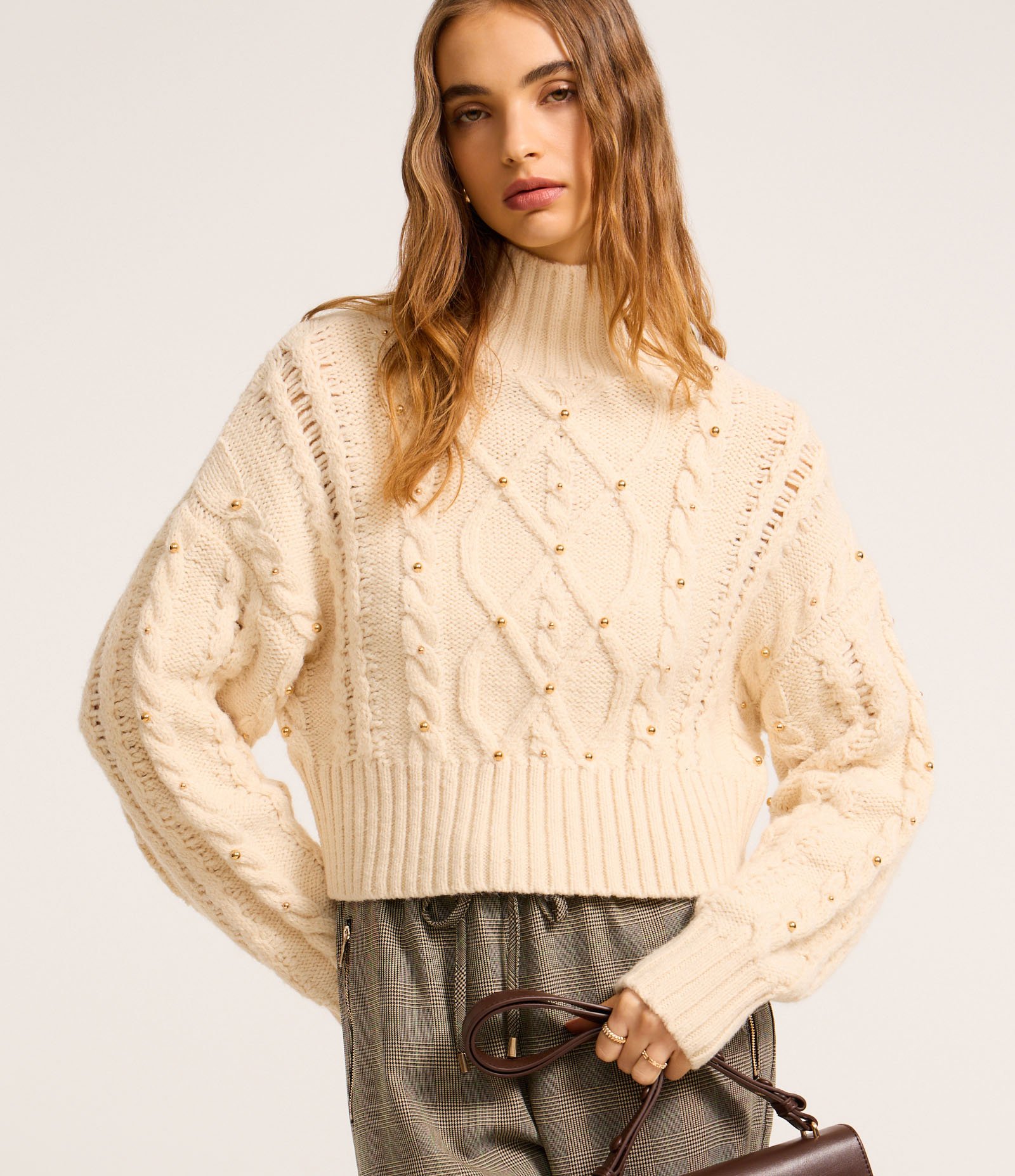 Suéter em Tricô com Mix de Pontos e Bolinhas Metalizadas Bege 3