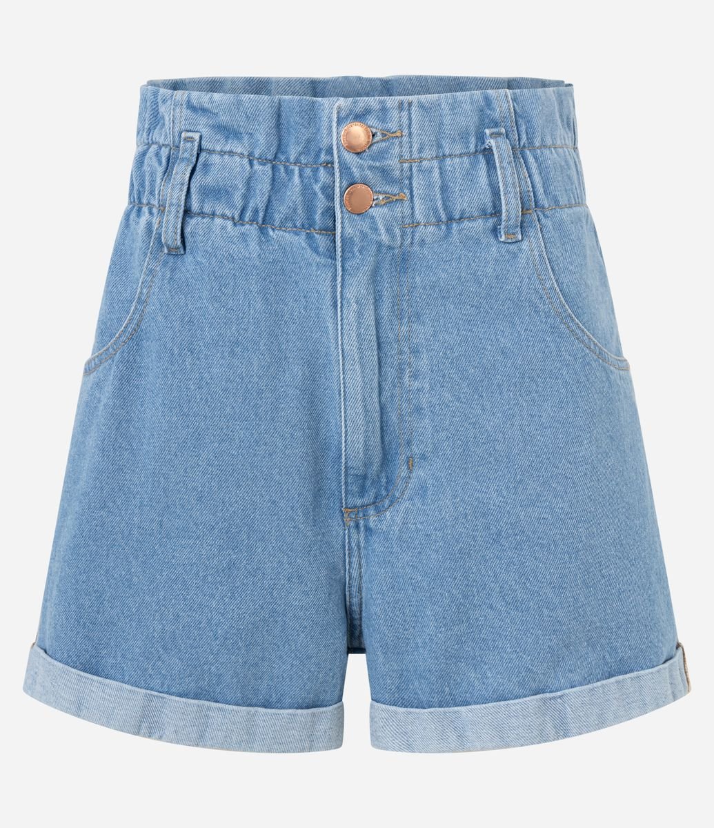 Short Baggy Cintura Alta em Jeans com Elástico e Barra Dobrada Azul